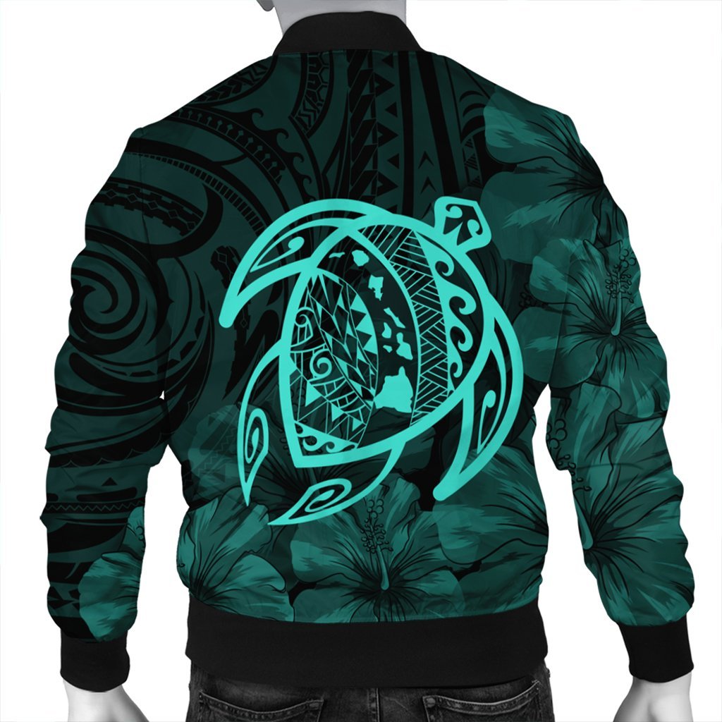 Hawaiian Map Turtle Kanaka Hibiscus Polynesian Bomber Jacket - Turquoise - AH - Polynesian Pride