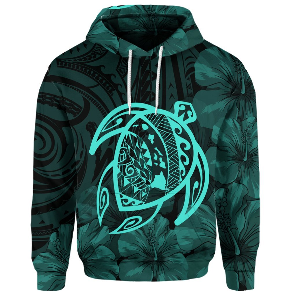 Custom Hawaiian Map Turtle Kanaka Hibiscus Polynesian Hoodie Turquoise - Polynesian Pride
