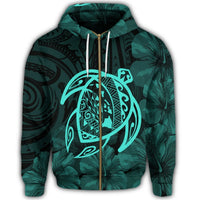 Hawaiian Map Turtle Kanaka Hibiscus Polynesian Zip Hoodie Turquoise - Polynesian Pride