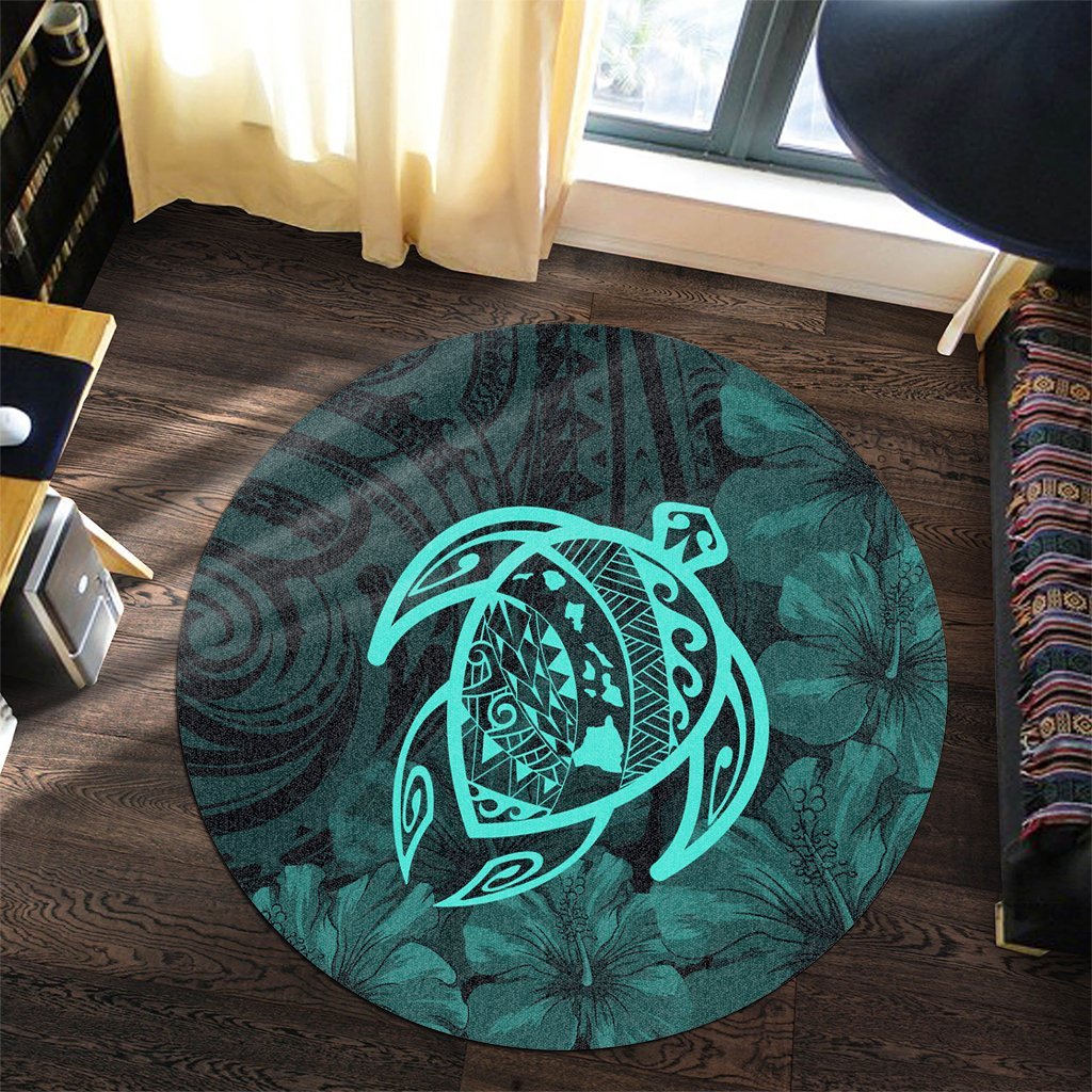Hawaiian Map Turtle Kanaka Hibiscus Polynesian Round Carpet - Turquoise - AH - Polynesian Pride