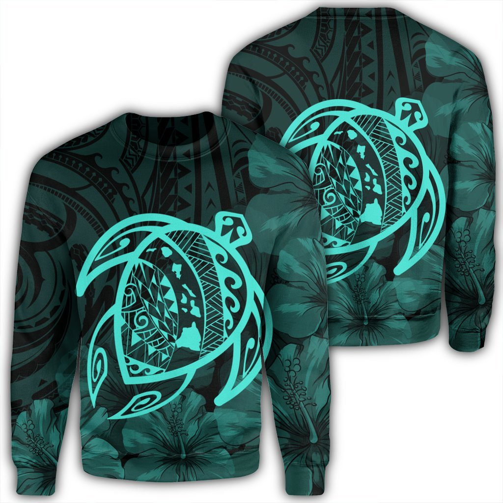 Hawaiian Map Turtle Kanaka Hibiscus Polynesian Sweatshirt - Turquoise - AH Unisex Black - Polynesian Pride