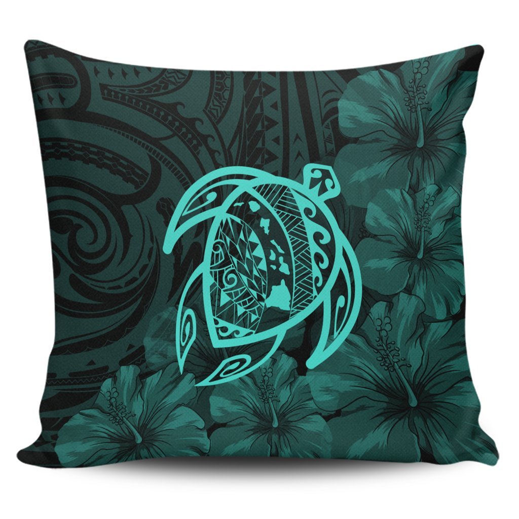 Hawaiian Map Turtle Kanaka Hibiscus Polynesian Pillow Covers - Turquoise - AH Pillow Covers Black - Polynesian Pride