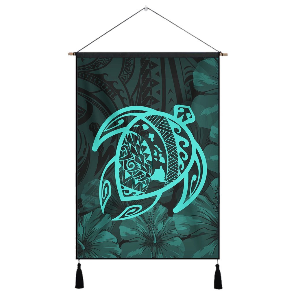 Hawaiian Map Turtle Kanaka Hibiscus Polynesian Hanging Poster - Turquoise - AH Hanging Poster Cotton And Linen - Polynesian Pride