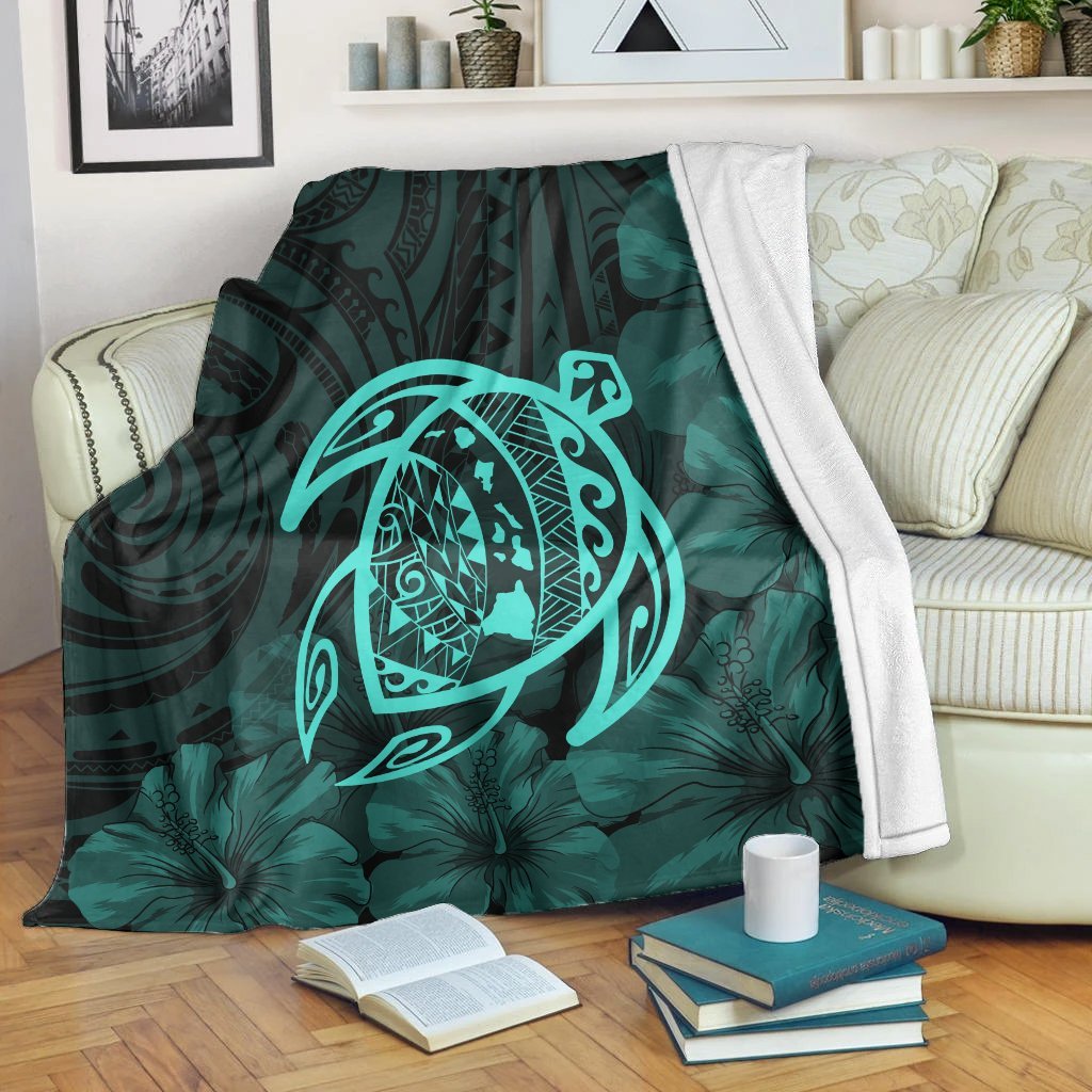 Hawaiian Map Turtle Kanaka Hibiscus Polynesian Premium Blankets - Turquoise - AH White - Polynesian Pride