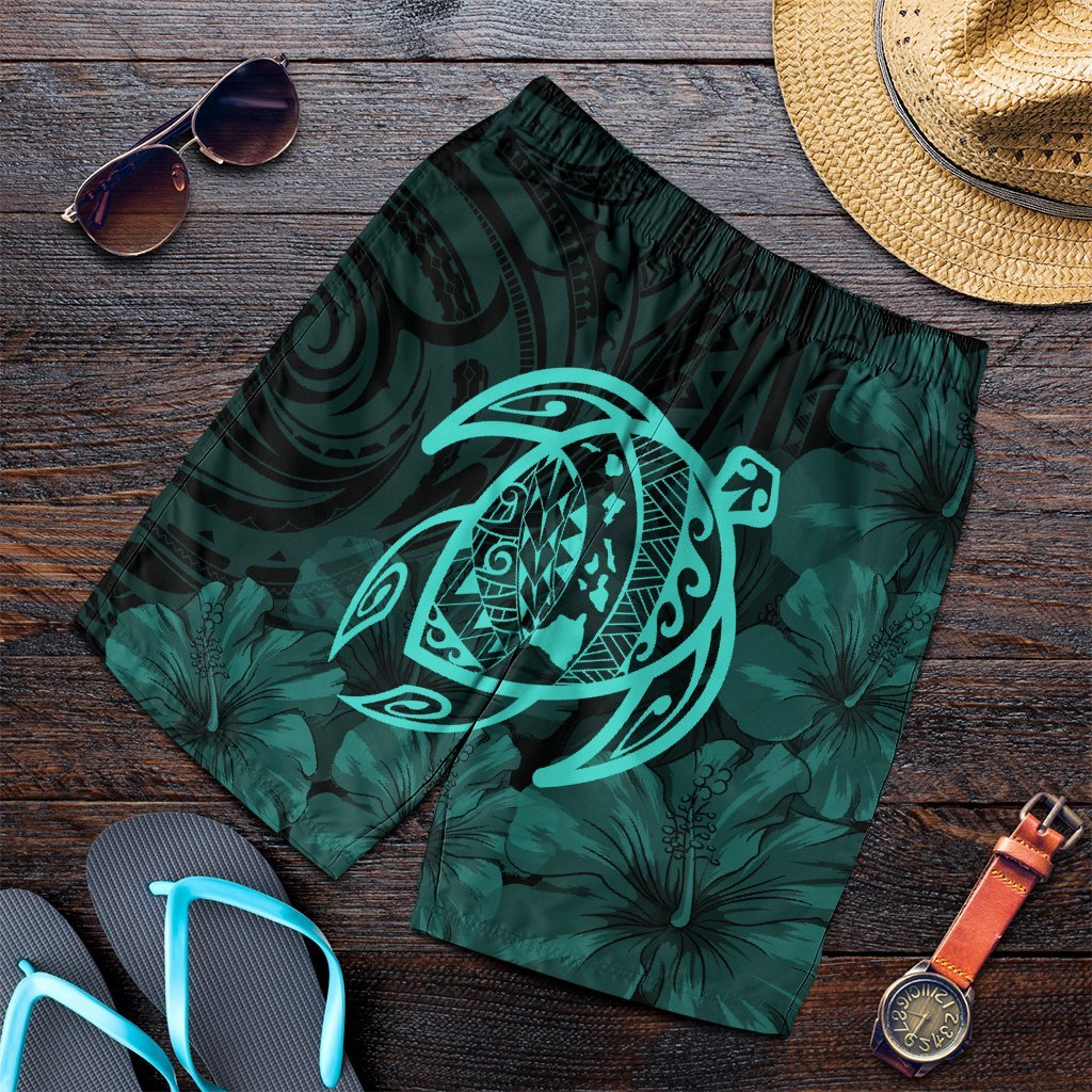 Hawaiian Map Turtle Kanaka Hibiscus Polynesian Men's Shorts - Turquoise - AH Art - Polynesian Pride