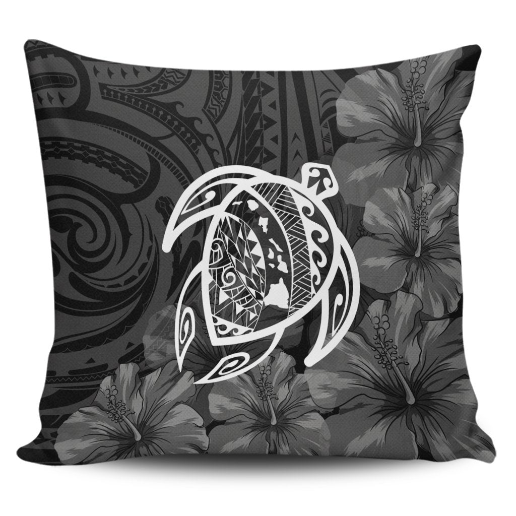 Hawaiian Map Turtle Kanaka Hibiscus Polynesian Pillow Covers - White - AH Pillow Covers Black - Polynesian Pride