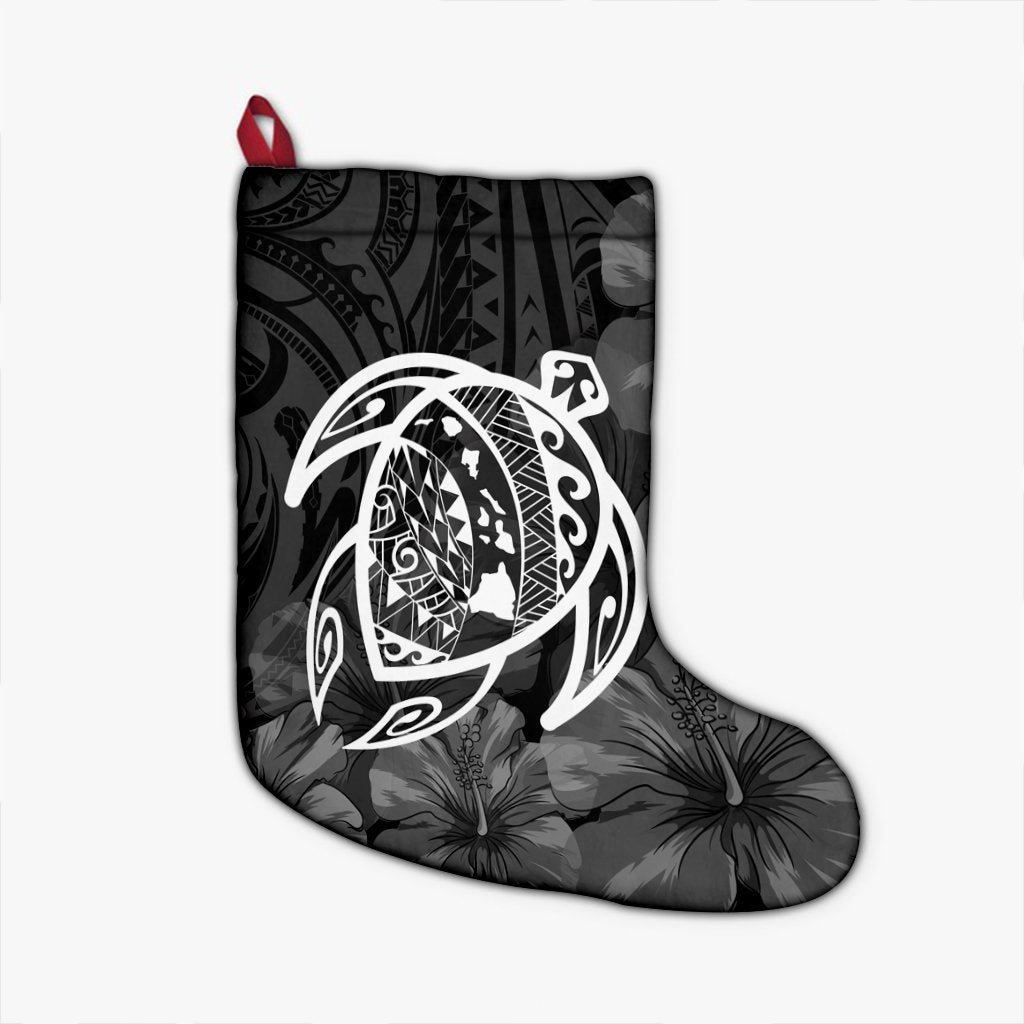 Hawaiian Map Turtle Kanaka Hibiscus Polynesian Christmas Stocking - White - AH Christmas Stocking 26 X 42 cm Black - Polynesian Pride