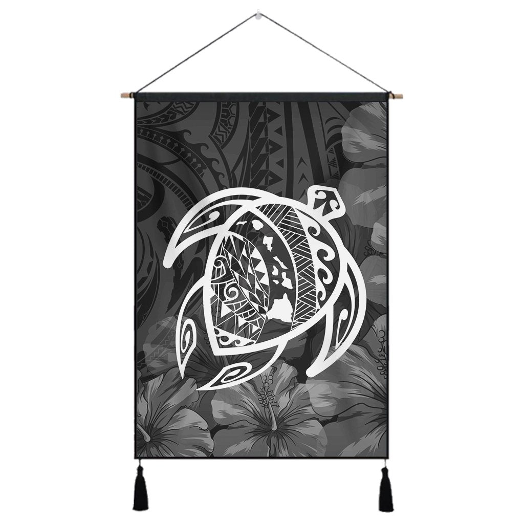 Hawaiian Map Turtle Kanaka Hibiscus Polynesian Hanging Poster - White - AH Hanging Poster Cotton And Linen - Polynesian Pride