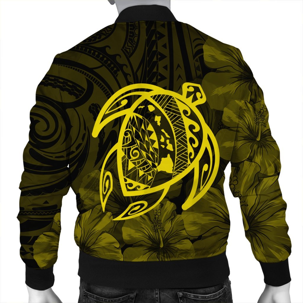 Hawaiian Map Turtle Kanaka Hibiscus Polynesian Bomber Jacket - Yellow - AH - Polynesian Pride