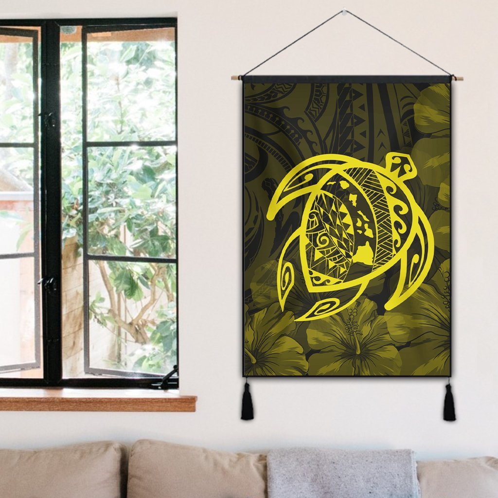 Hawaiian Map Turtle Kanaka Hibiscus Polynesian Hanging Poster - Yellow - AH - Polynesian Pride