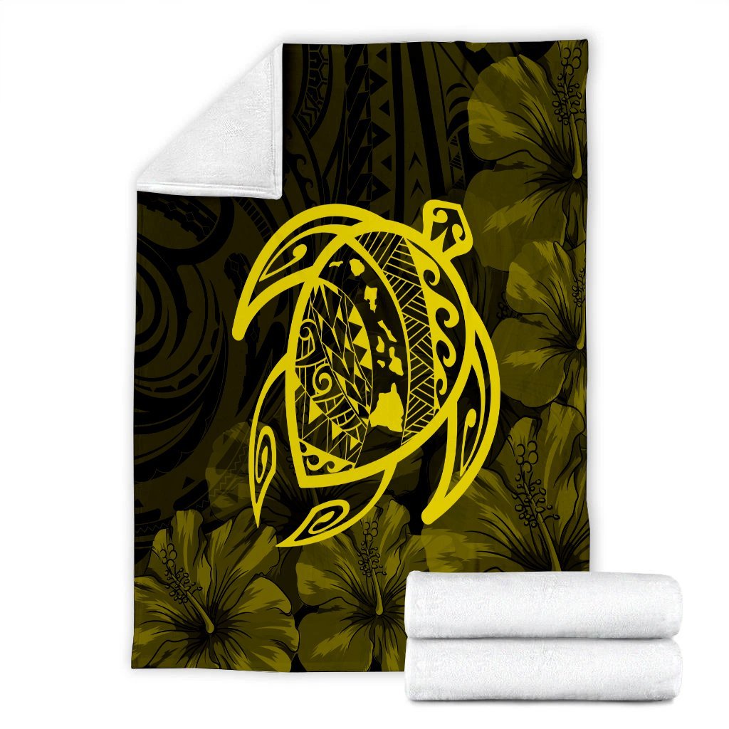 Hawaiian Map Turtle Kanaka Hibiscus Polynesian Premium Blankets - Yellow - AH - Polynesian Pride