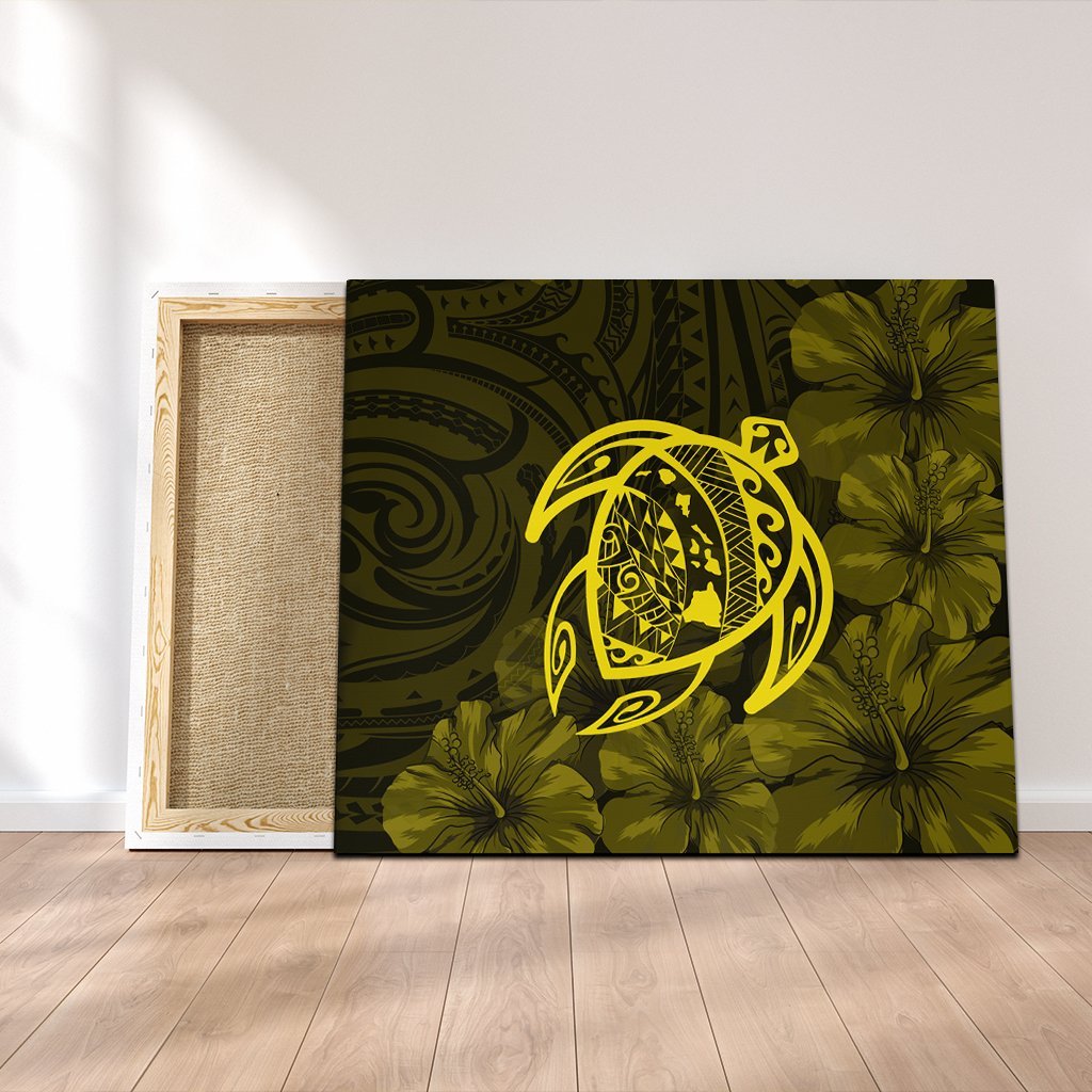 Hawaiian Map Turtle Kanaka Hibiscus Polynesian Canvas - Yellow - AH Canvas Poly-cotton - Polynesian Pride