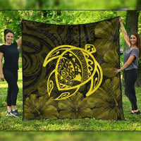 Hawaiian Map Turtle Kanaka Hibiscus Polynesian Premium Quilts - Yellow - AH Black - Polynesian Pride