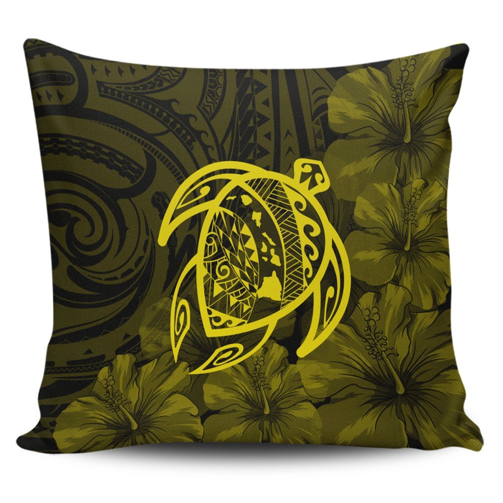 Hawaiian Map Turtle Kanaka Hibiscus Polynesian Pillow Covers - Yellow - AH Pillow Covers Black - Polynesian Pride