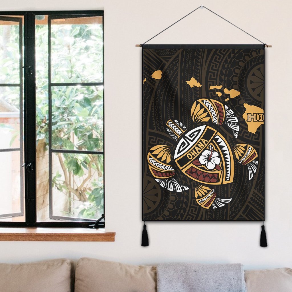 Hawaiian Map Turtle Ohana Hibicus Polynesian Hanging Poster - AH - Polynesian Pride