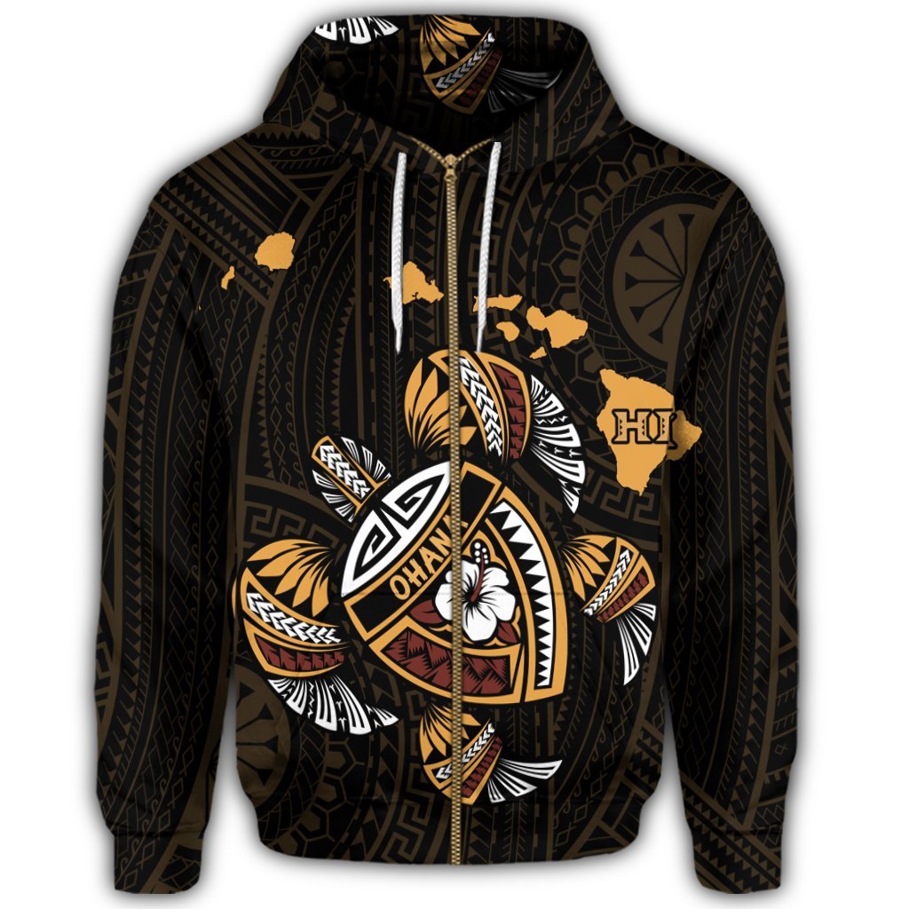 Hawaiian Map Turtle Ohana Hibicus Polynesian Zip Hoodie - Polynesian Pride