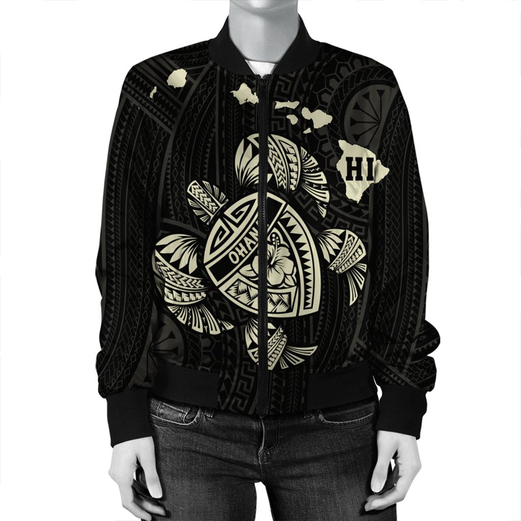 Hawaiian Map Turtle Ohana Hibicus Polynesian Bomber Jacket - Beige - AH - Polynesian Pride