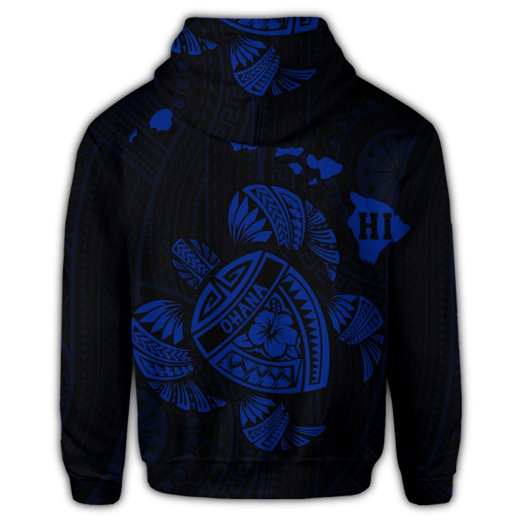 Hawaiian Map Turtle Ohana Hibicus Polynesian Zip Hoodie Blue - Polynesian Pride