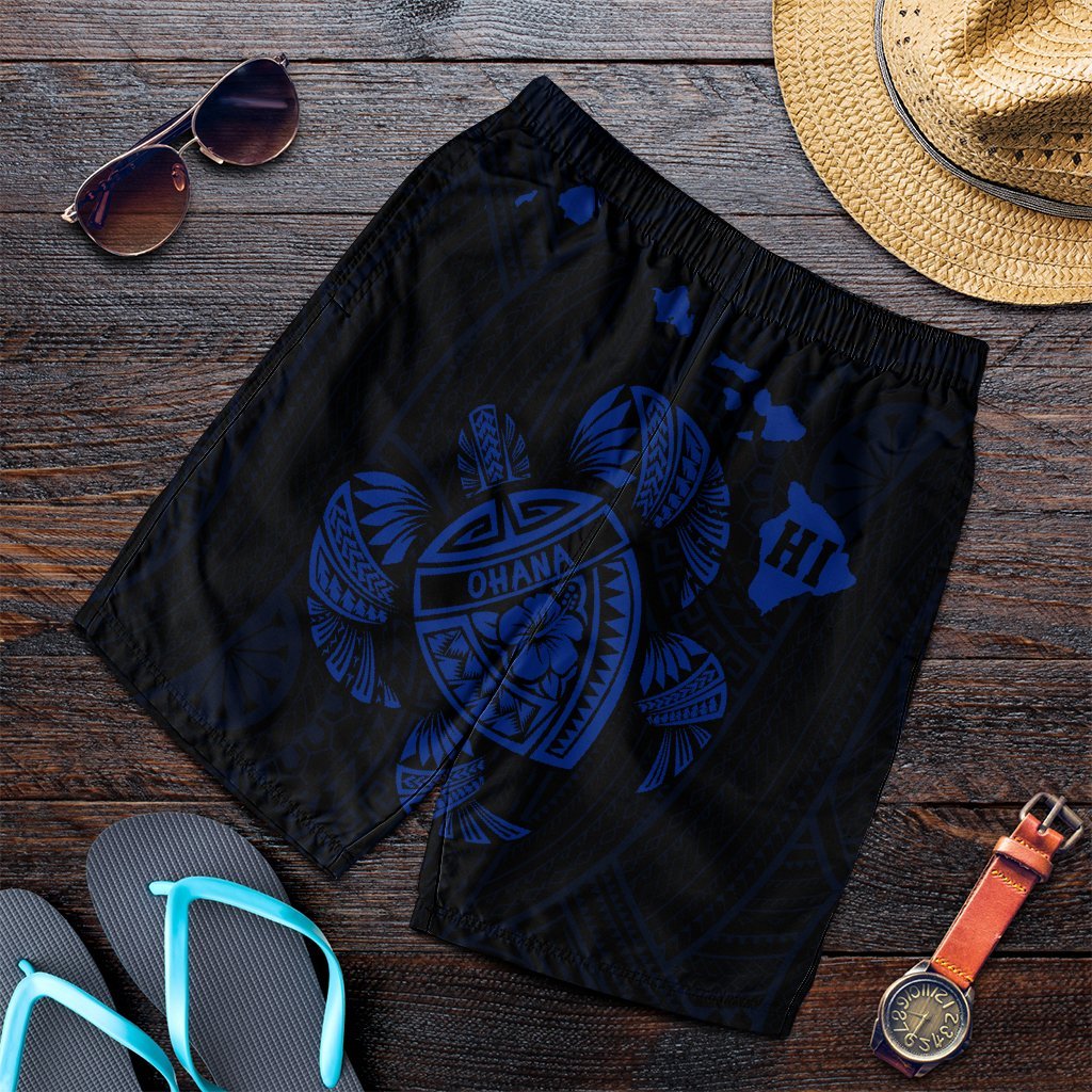 Hawaiian Map Turtle Ohana Hibicus Polynesian Men's Shorts - Blue - AH Art - Polynesian Pride