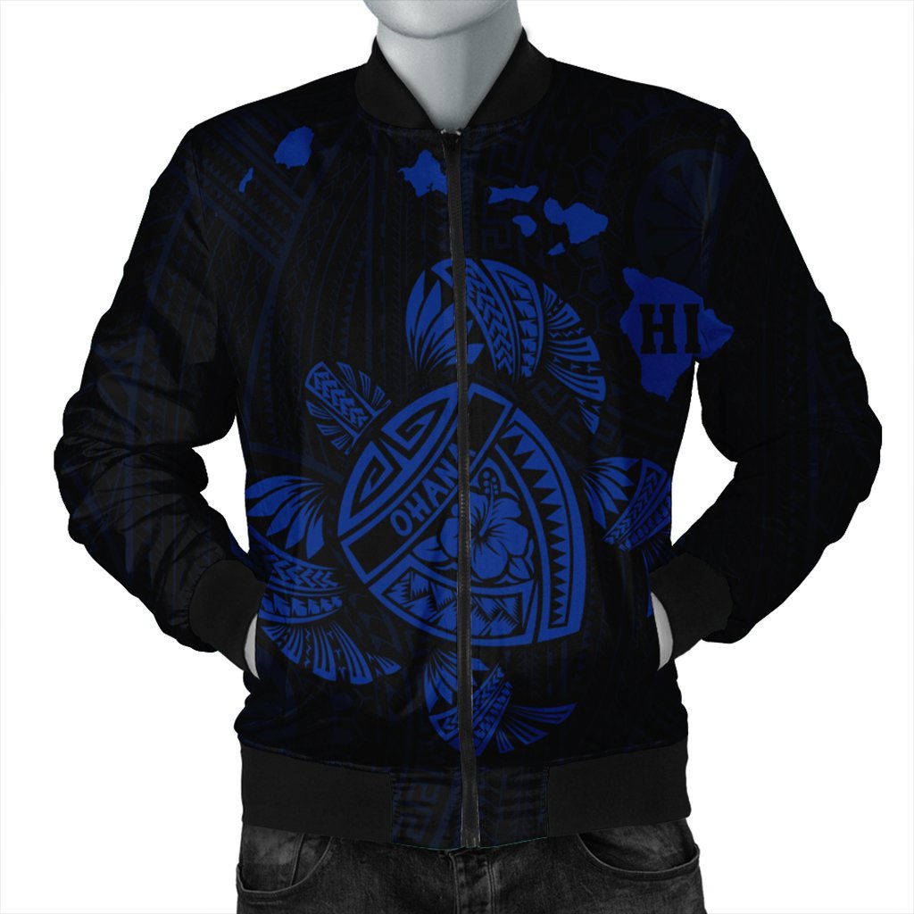 Hawaiian Map Turtle Ohana Hibicus Polynesian Bomber Jacket - Blue - AH Black Unisex - Polynesian Pride