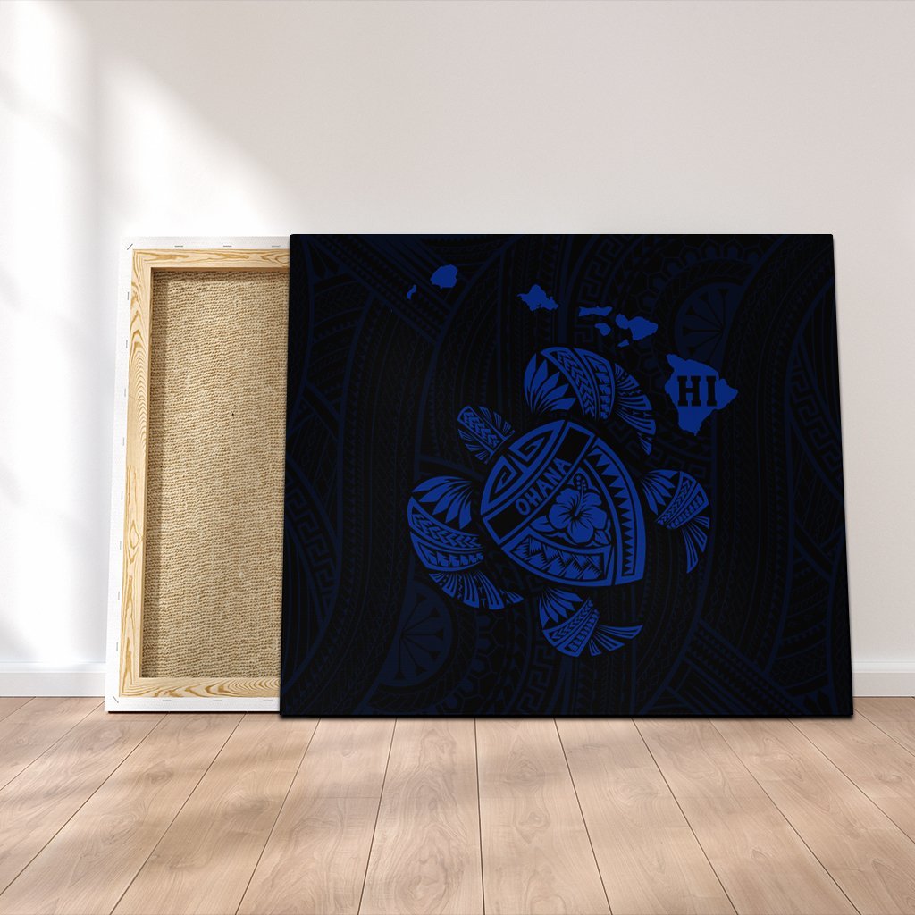 Hawaiian Map Turtle Ohana Hibicus Polynesian Canvas - Blue - AH Canvas Poly-cotton - Polynesian Pride
