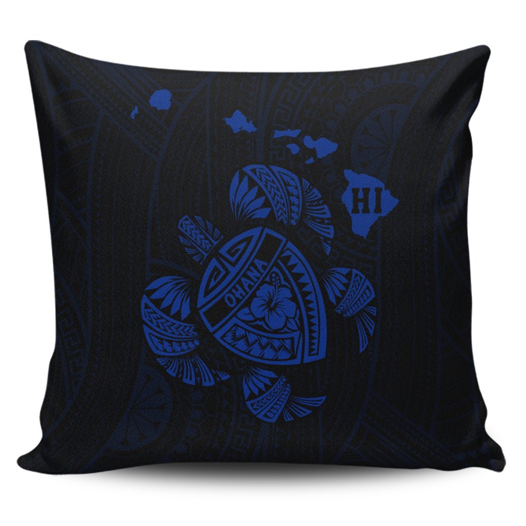 Hawaiian Map Turtle Ohana Hibicus Polynesian Pillow Covers - Blue - AH Pillow Covers Black - Polynesian Pride