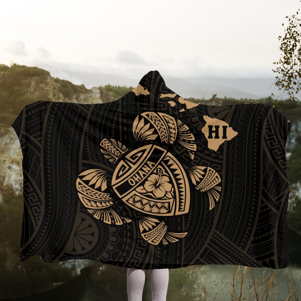 Hawaiian Map Turtle Ohana Hibicus Polynesian Hooded Blanket - Gold - AH - Polynesian Pride
