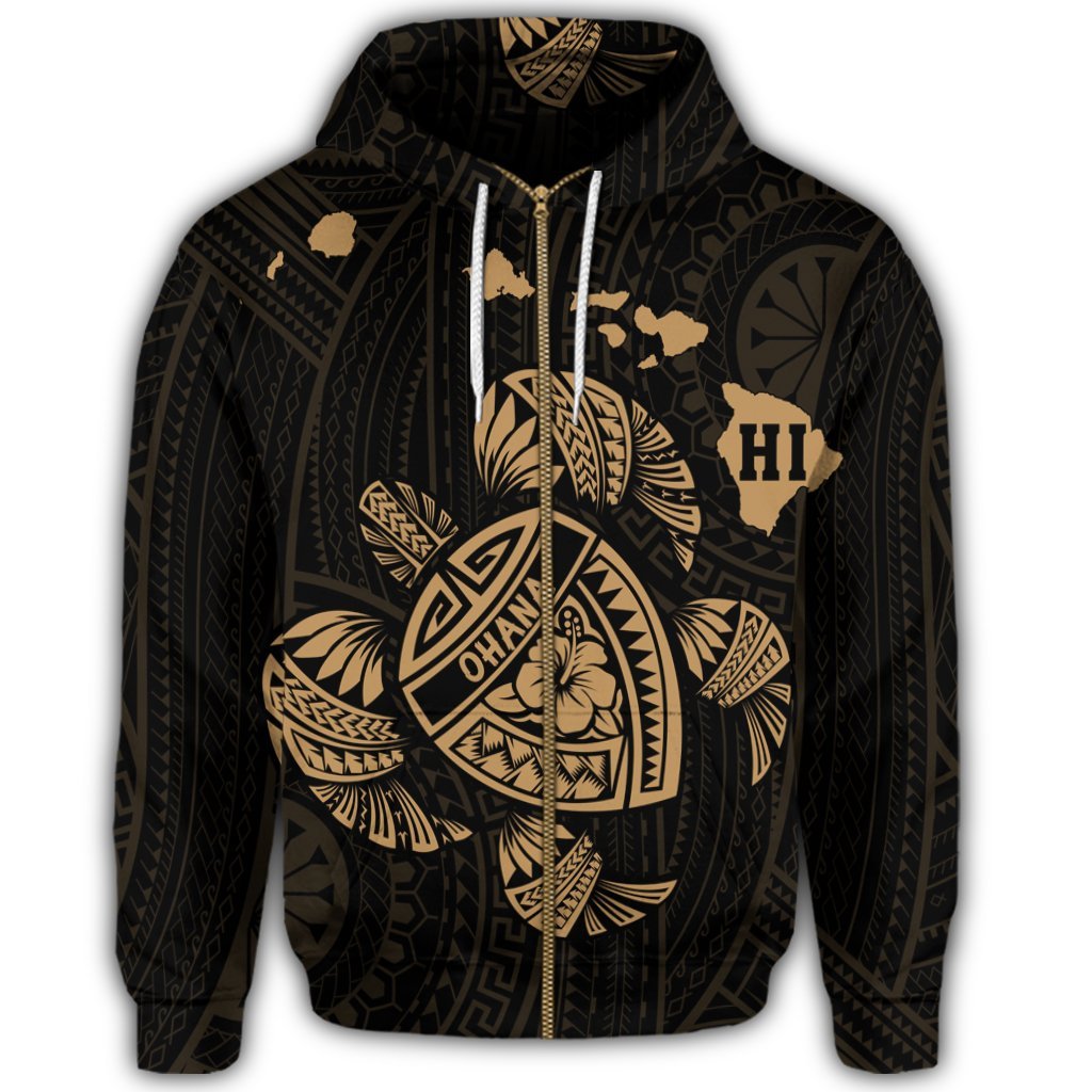 Hawaiian Map Turtle Ohana Hibicus Polynesian Zip Hoodie Gold - Polynesian Pride