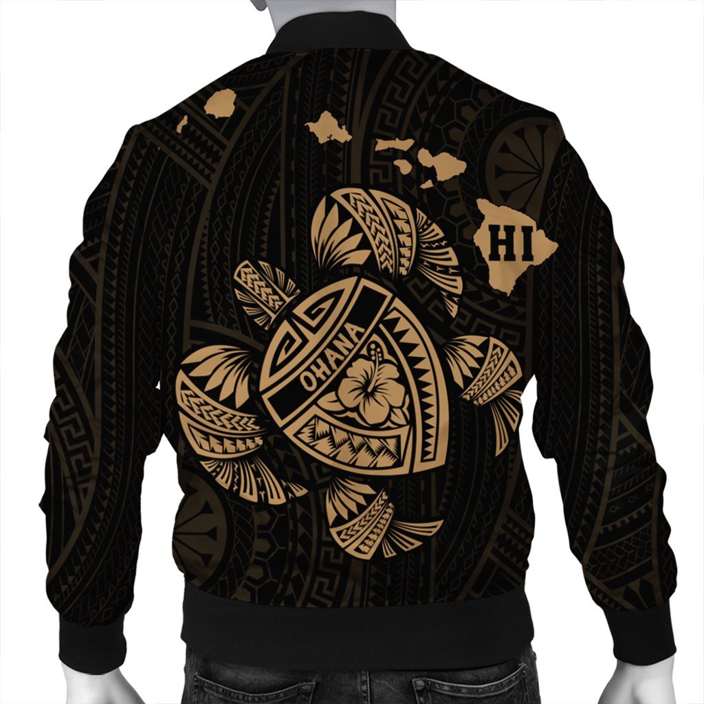 Hawaiian Map Turtle Ohana Hibicus Polynesian Bomber Jacket - Gold - AH - Polynesian Pride