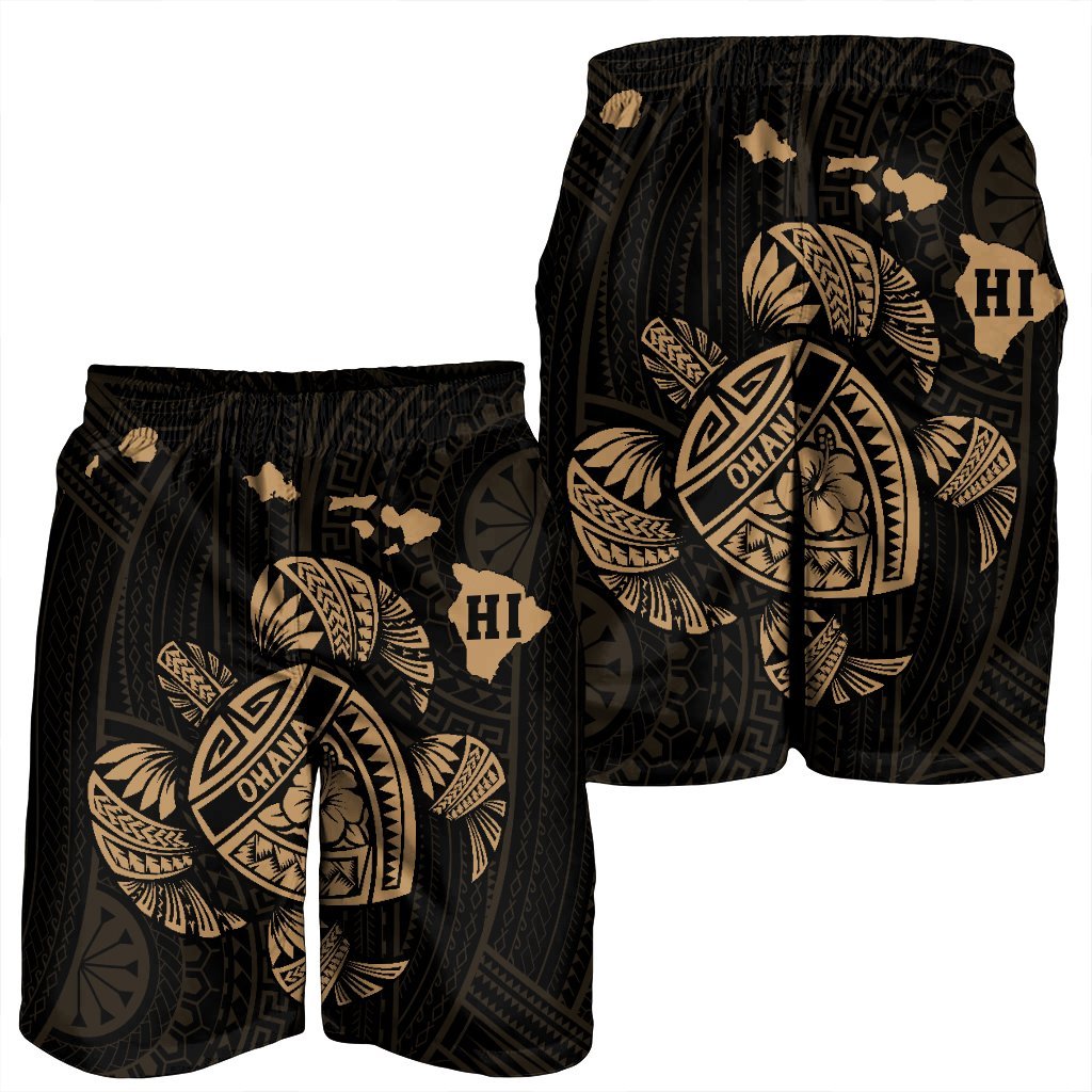 Hawaiian Map Turtle Ohana Hibicus Polynesian Men's Shorts - Gold - AH - Polynesian Pride