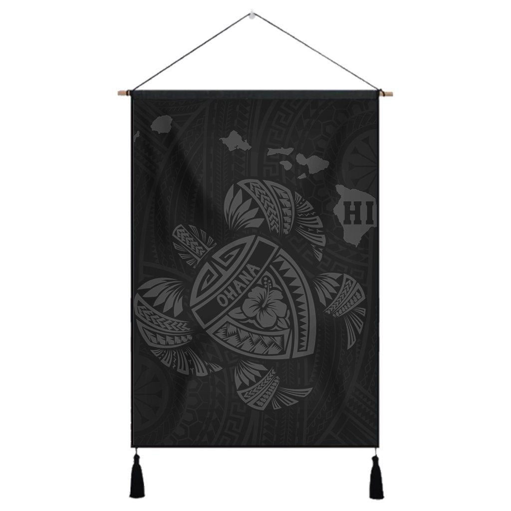 Hawaiian Map Turtle Ohana Hibicus Polynesian Hanging Poster - Gray - AH Hanging Poster Cotton And Linen - Polynesian Pride