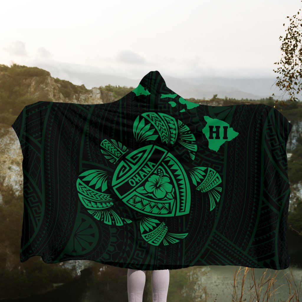 Hawaiian Map Turtle Ohana Hibicus Polynesian Hooded Blanket - Green - AH - Polynesian Pride