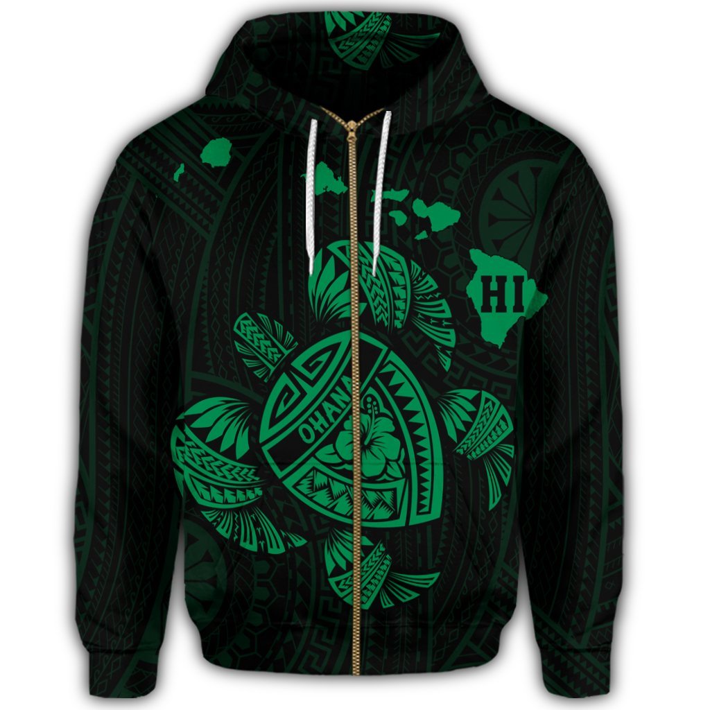 Hawaiian Map Turtle Ohana Hibicus Polynesian Zip Hoodie Green - Polynesian Pride