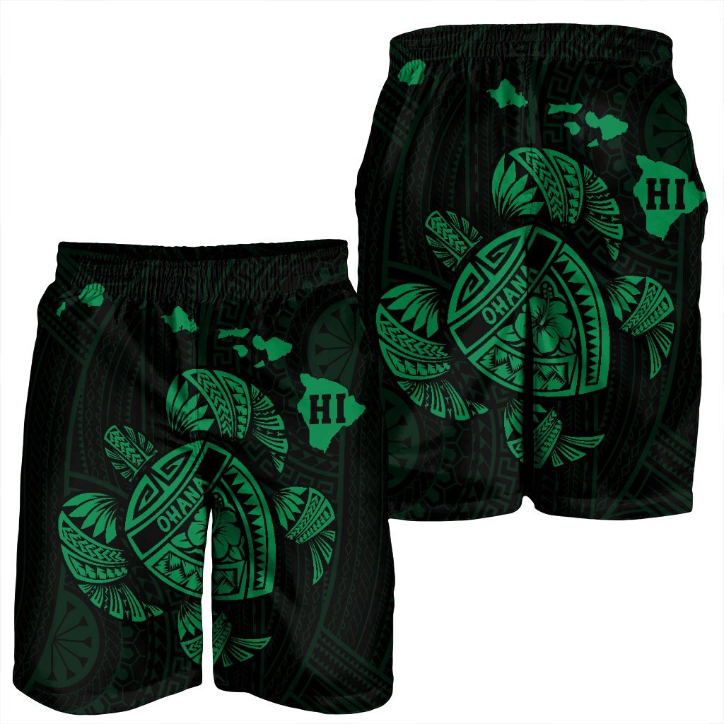 Hawaiian Map Turtle Ohana Hibicus Polynesian Men's Shorts - Green - AH - Polynesian Pride