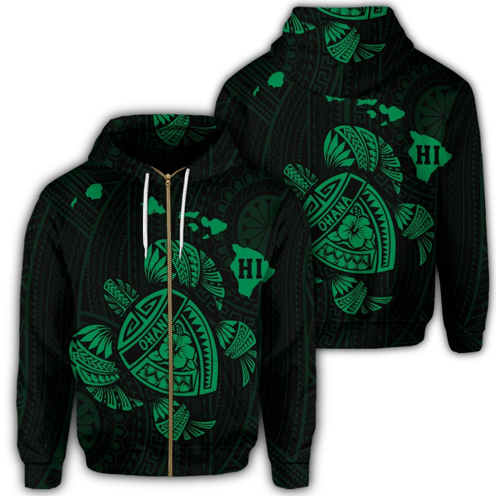 Hawaiian Map Turtle Ohana Hibicus Polynesian Zip Hoodie Green Unisex Art - Polynesian Pride