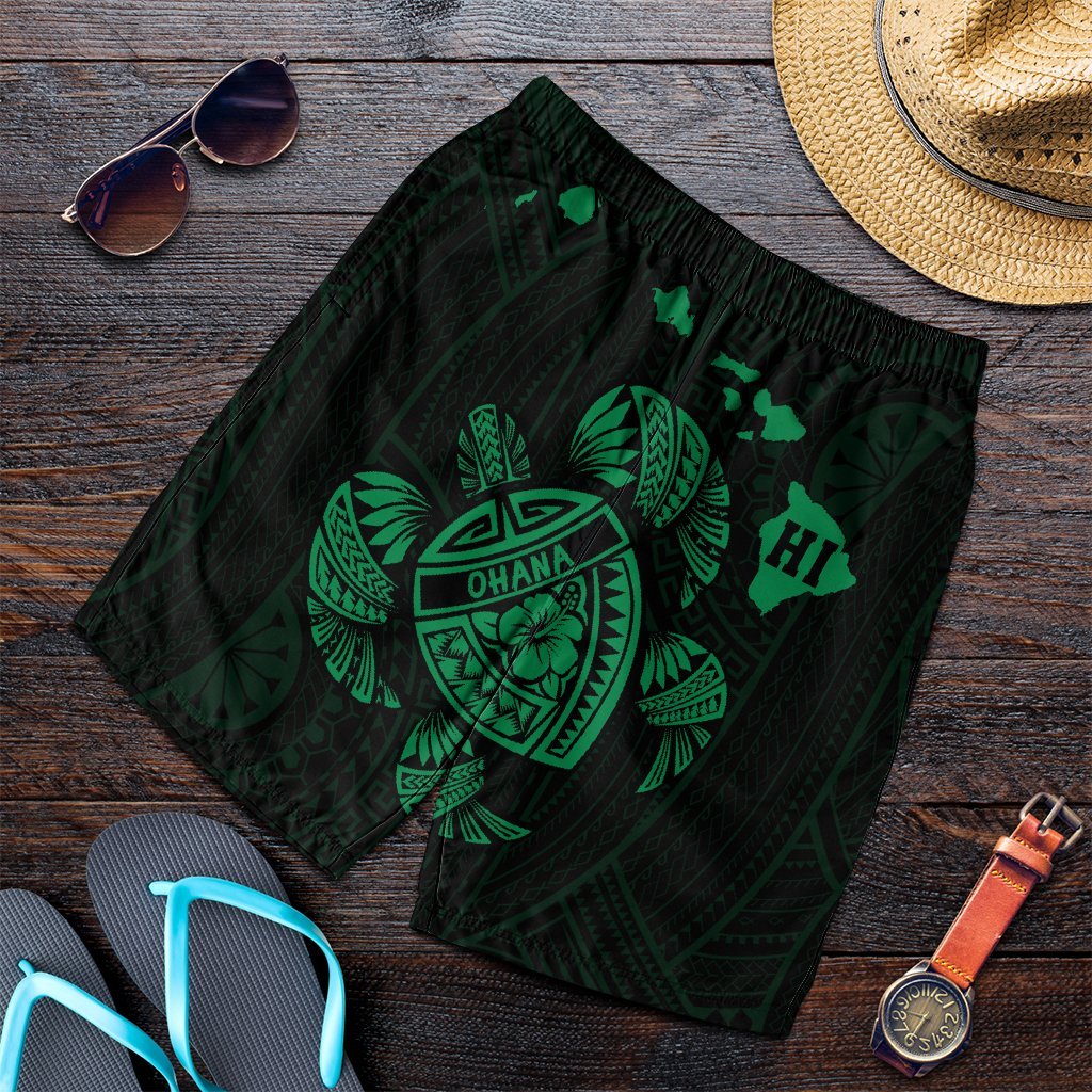 Hawaiian Map Turtle Ohana Hibicus Polynesian Men's Shorts - Green - AH Art - Polynesian Pride