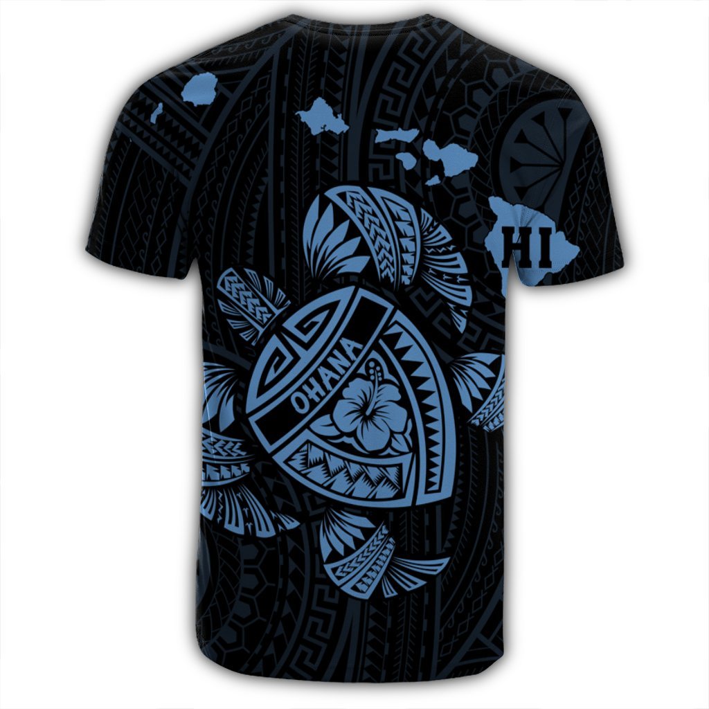 Hawaiian Map Turtle Ohana Hibicus Polynesian T Shirt Pastel Blue AH - Polynesian Pride