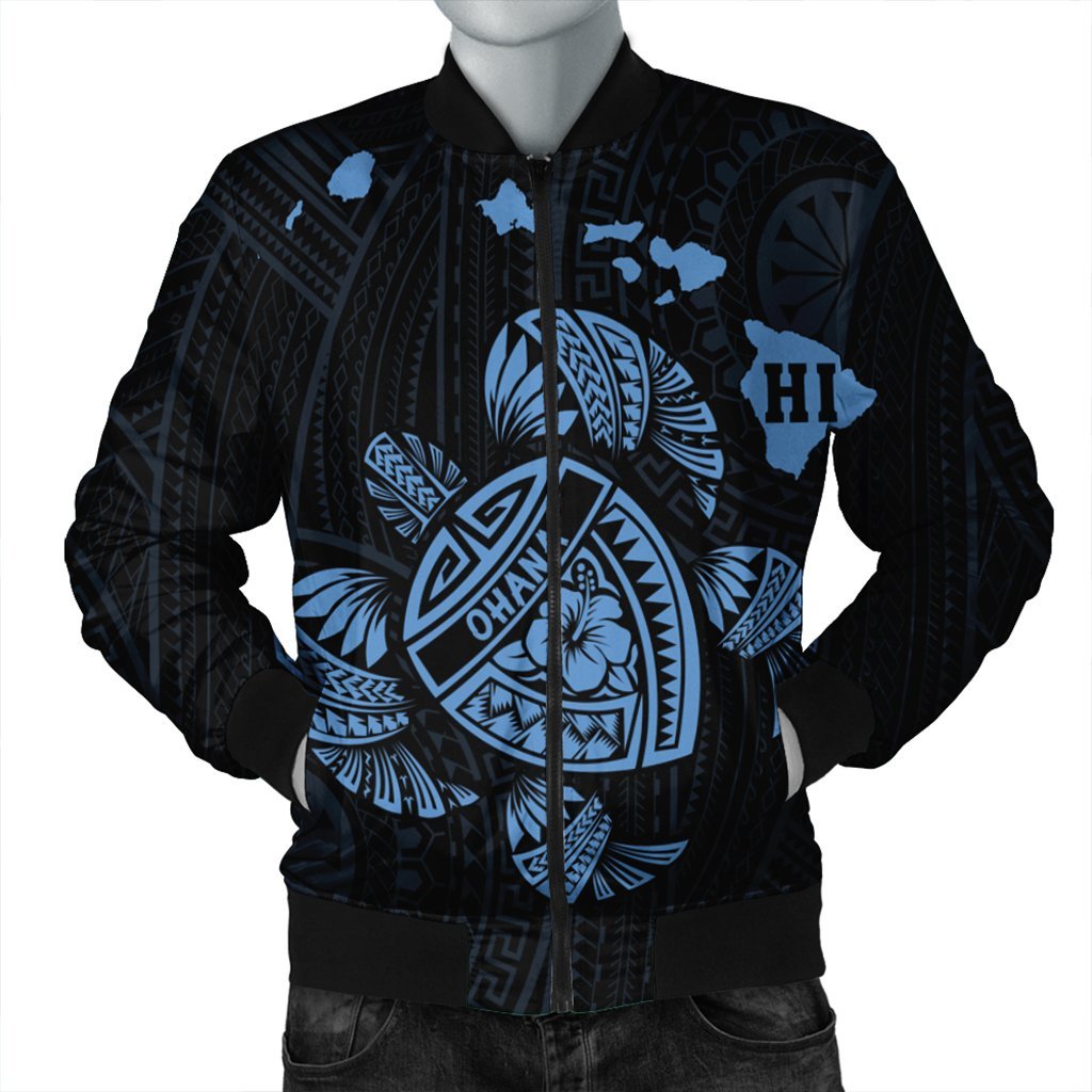 Hawaiian Map Turtle Ohana Hibicus Polynesian Bomber Jacket - Pastel Blue - AH Black Unisex - Polynesian Pride