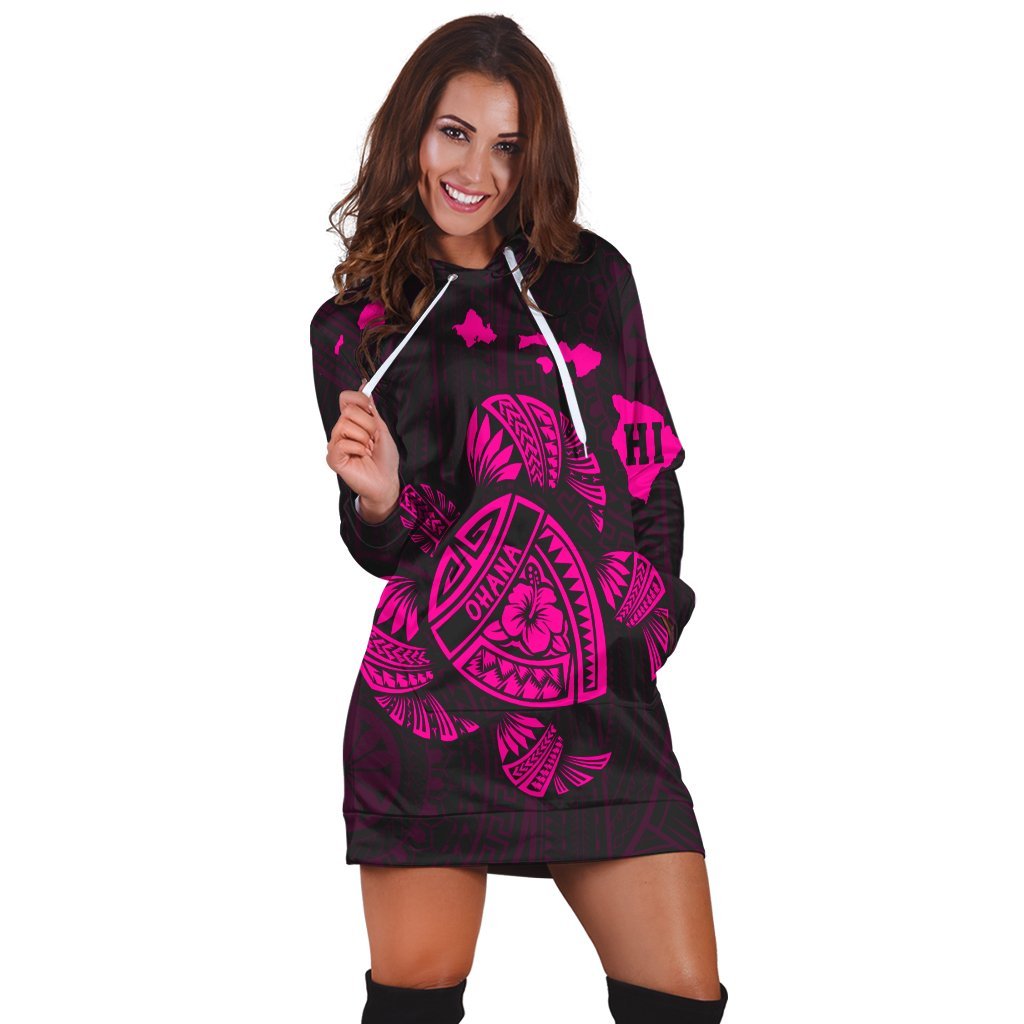 Hawaiian Map Turtle Ohana Hibicus Polynesian Hoodie Dress - Pink - AH - Polynesian Pride