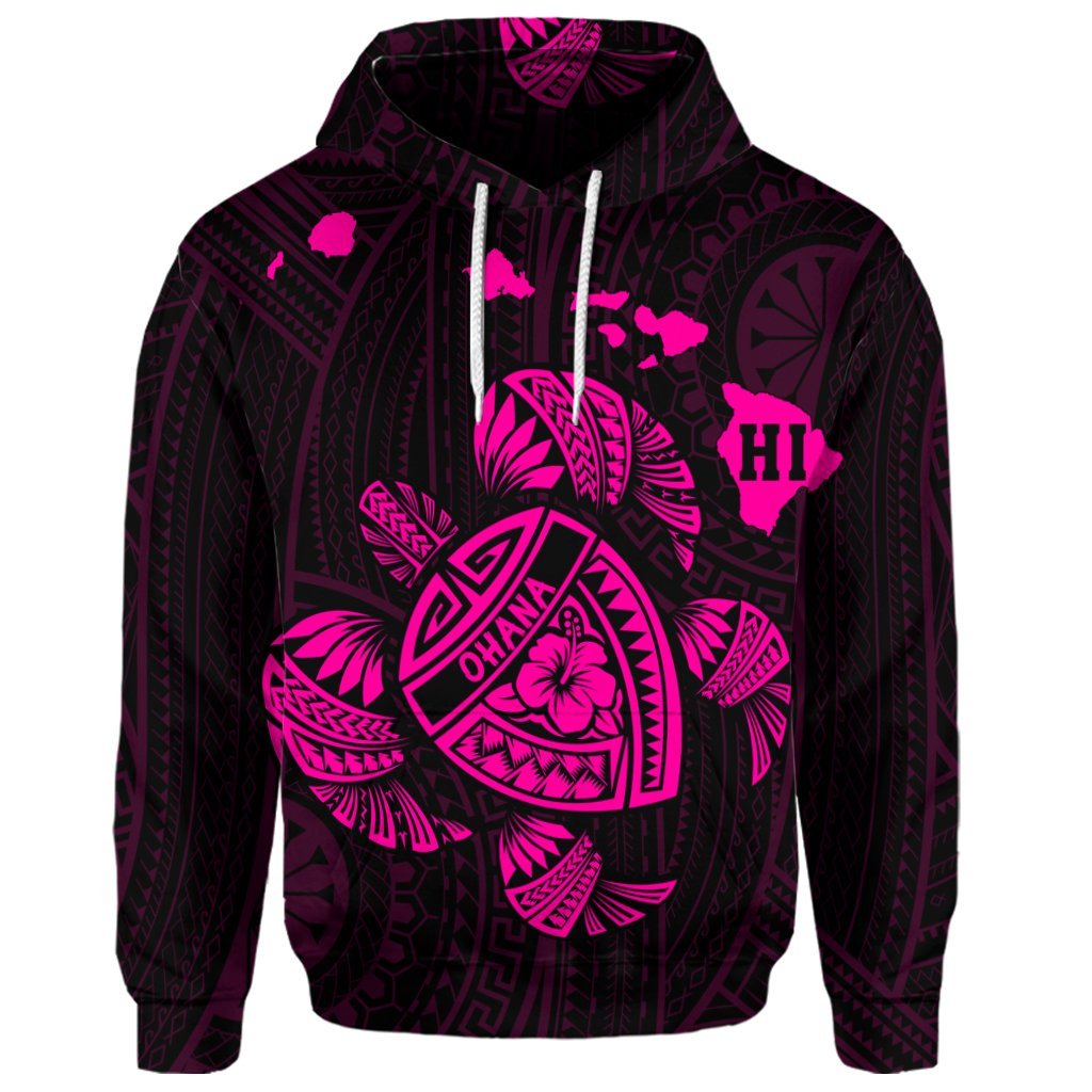 Custom Hawaiian Map Turtle Ohana Hibicus Polynesian Hoodie Pink - Polynesian Pride