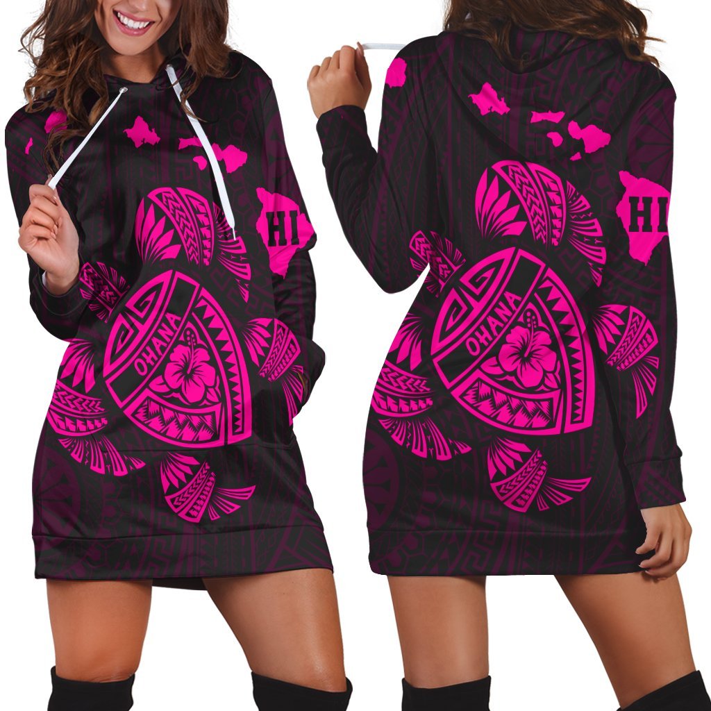 Hawaiian Map Turtle Ohana Hibicus Polynesian Hoodie Dress - Pink - AH Black - Polynesian Pride