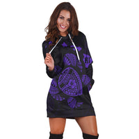 Hawaiian Map Turtle Ohana Hibicus Polynesian Hoodie Dress - Purple - AH - Polynesian Pride