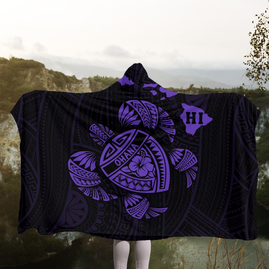 Hawaiian Map Turtle Ohana Hibicus Polynesian Hooded Blanket - Purple - AH - Polynesian Pride