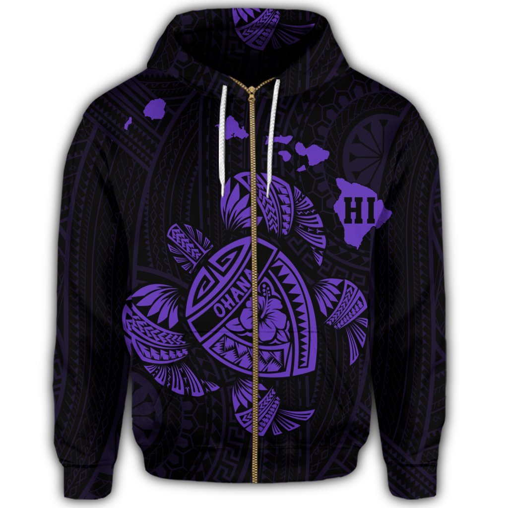 Hawaiian Map Turtle Ohana Hibicus Polynesian Zip Hoodie Purple - Polynesian Pride