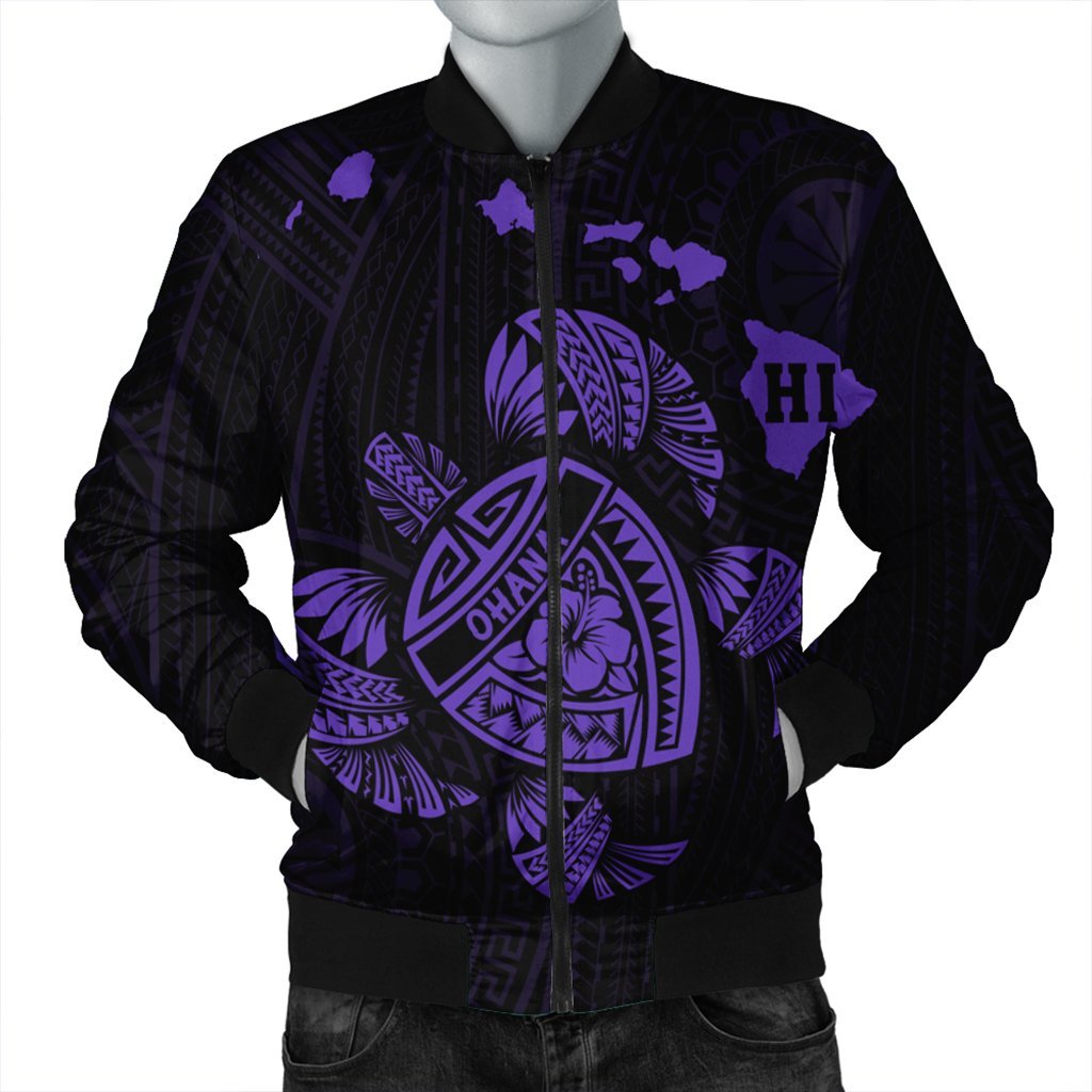 Hawaiian Map Turtle Ohana Hibicus Polynesian Bomber Jacket - Purple - AH Black Unisex - Polynesian Pride