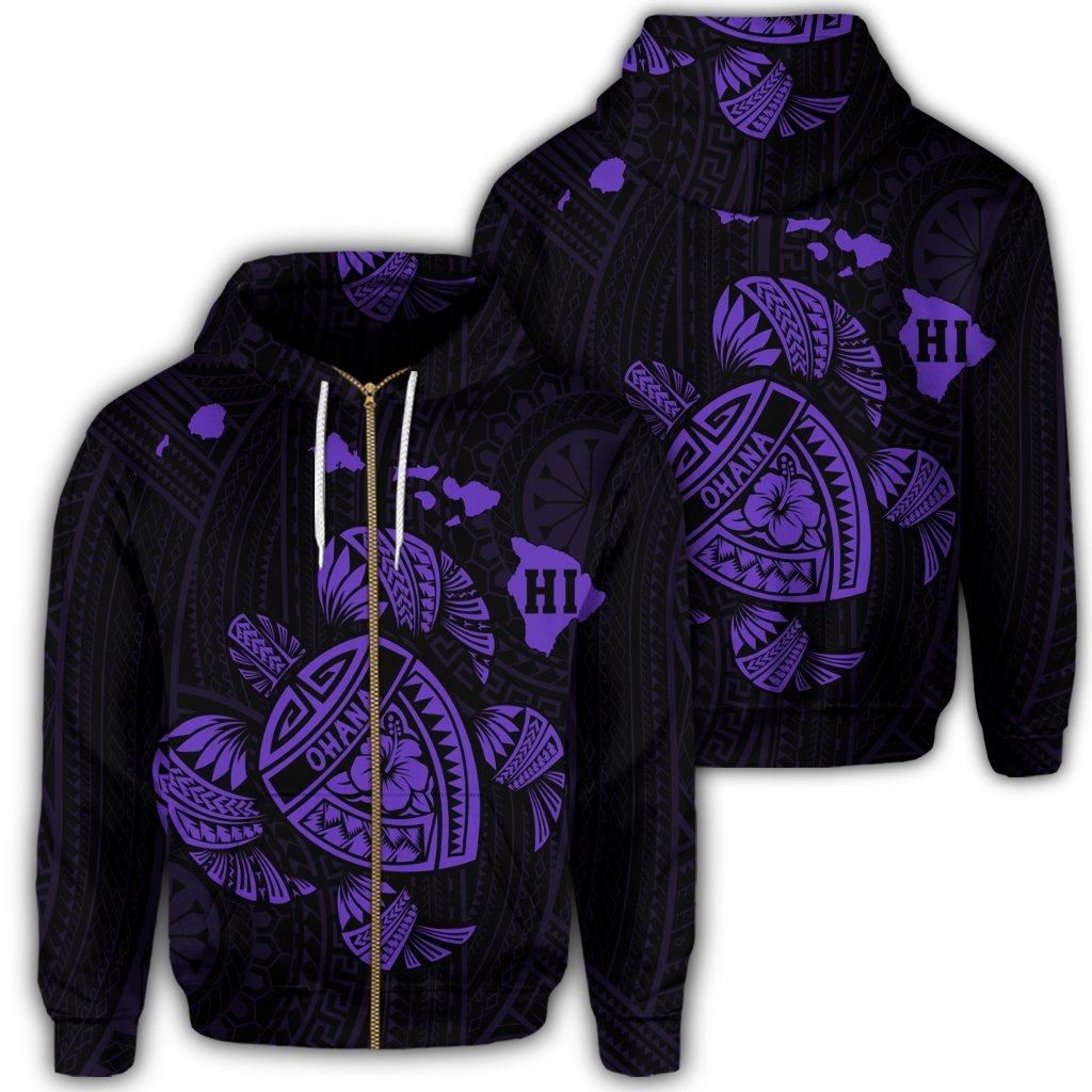 Hawaiian Map Turtle Ohana Hibicus Polynesian Zip Hoodie Purple Unisex Art - Polynesian Pride