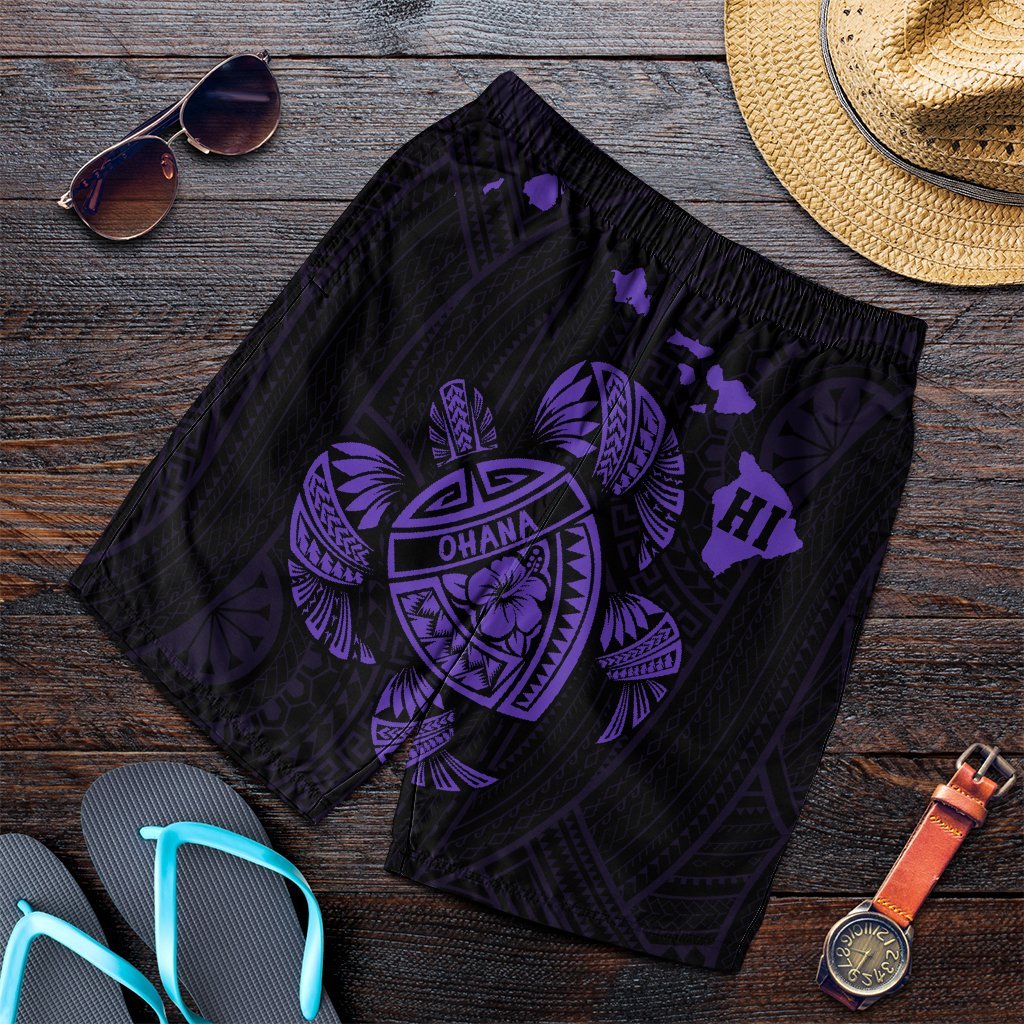 Hawaiian Map Turtle Ohana Hibicus Polynesian Men's Shorts - Purple - AH - Polynesian Pride