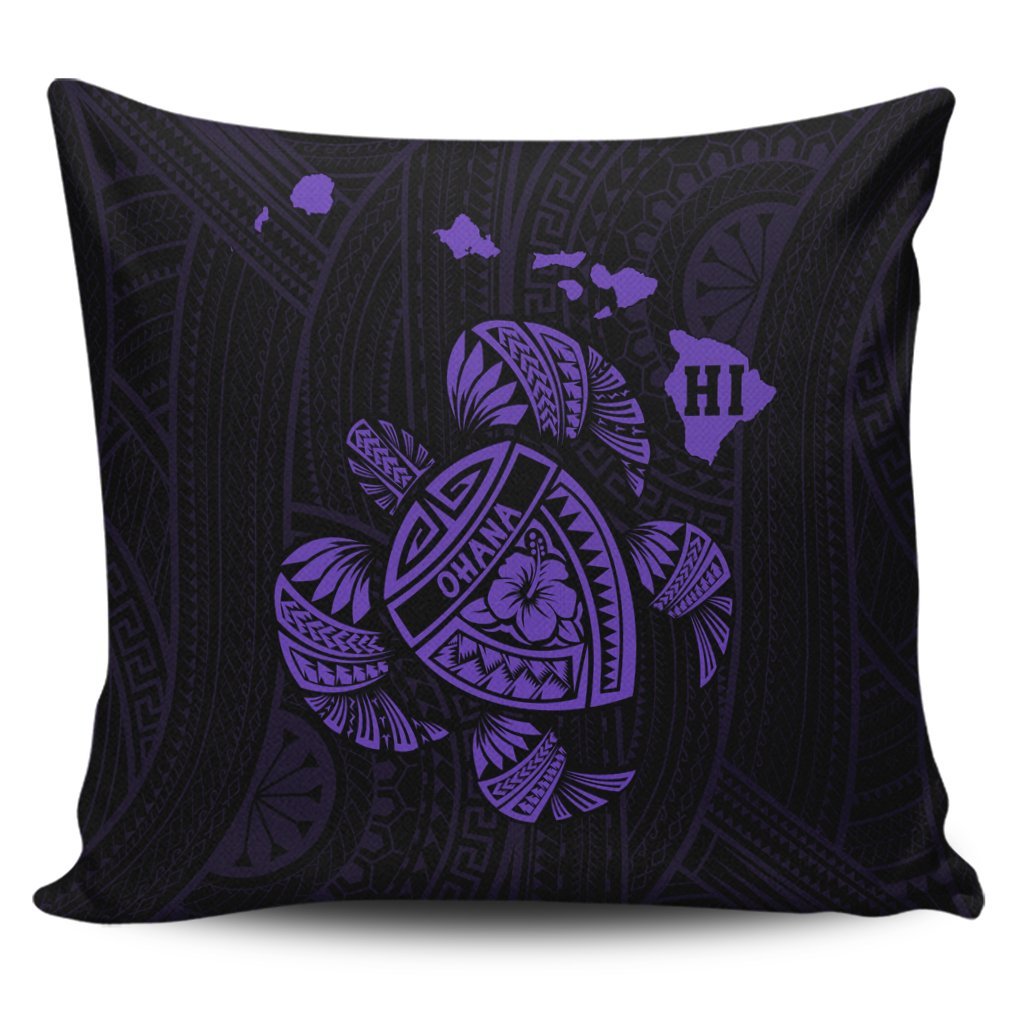 Hawaiian Map Turtle Ohana Hibicus Polynesian Pillow Covers - Purple - AH Pillow Covers Black - Polynesian Pride