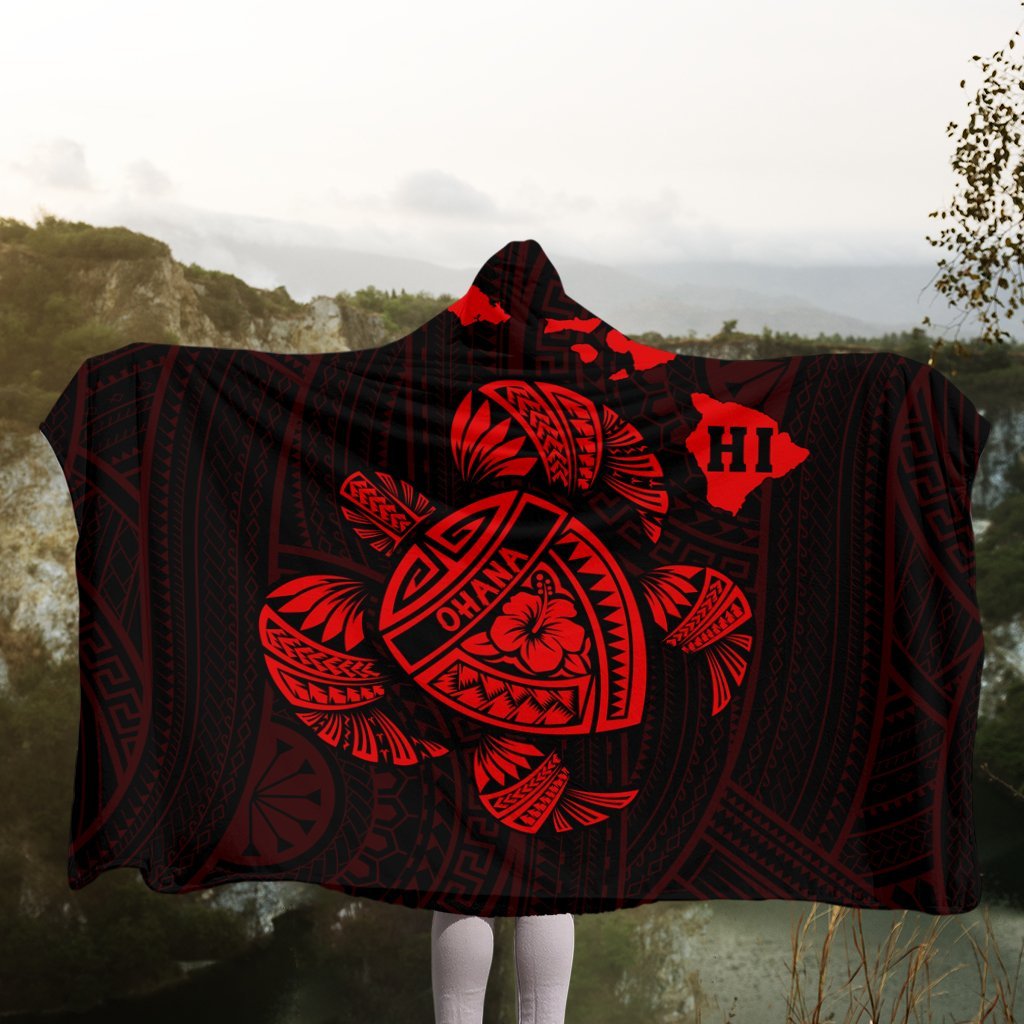 Hawaiian Map Turtle Ohana Hibicus Polynesian Hooded Blanket - Red - AH - Polynesian Pride