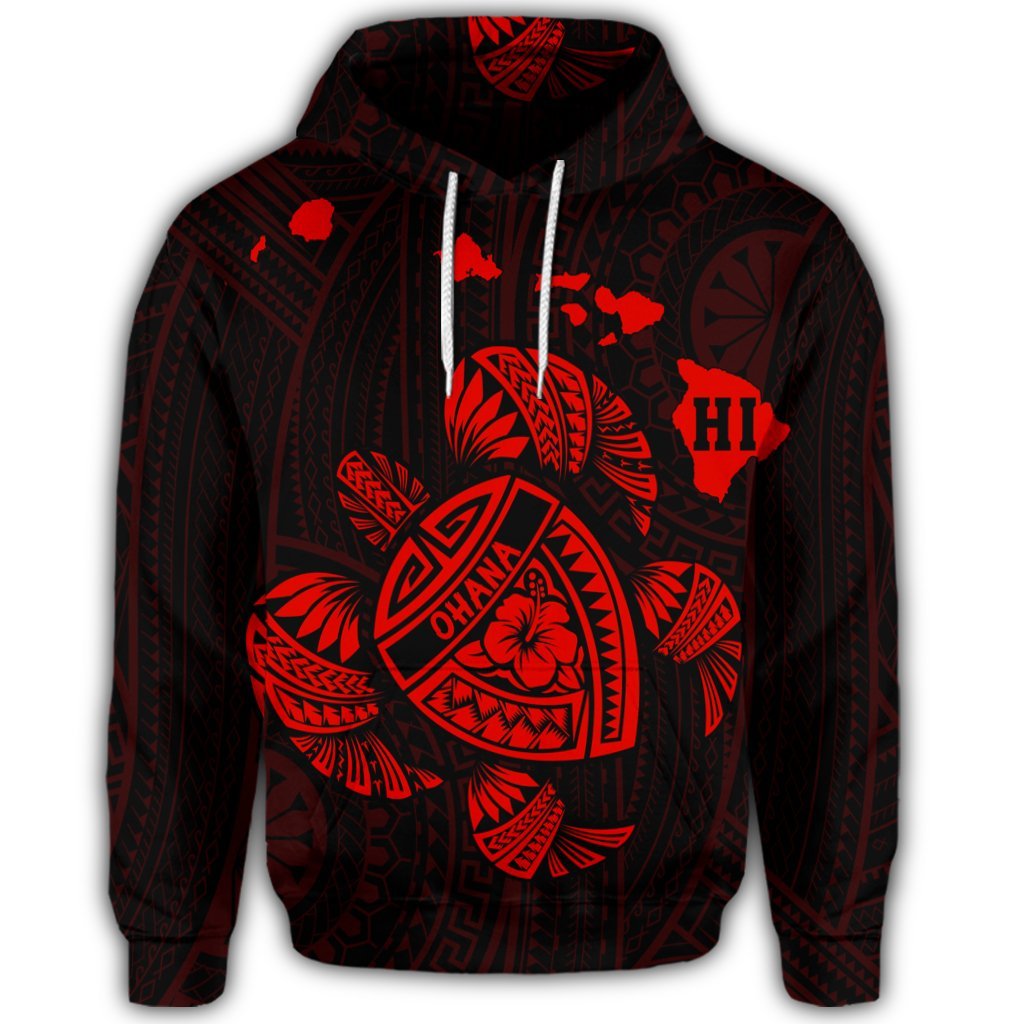 Hawaiian Map Turtle Ohana Hibicus Polynesian Hoodie Red - Polynesian Pride